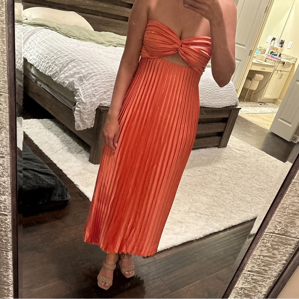 Orange strapless ankle length dress